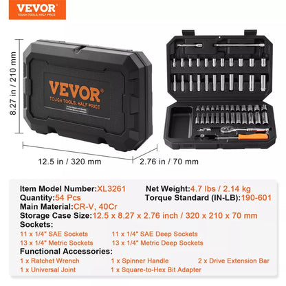 Vevor 1/4" ProSocket Kit 54pcs
